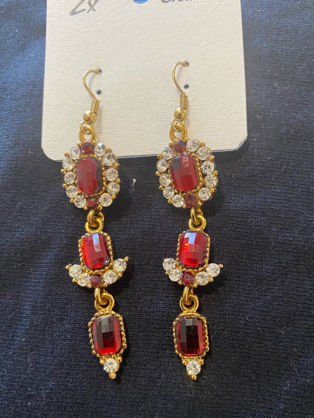 Fashion Jewelry Gold-Tone Drop Earrings with Red and Clear Stones